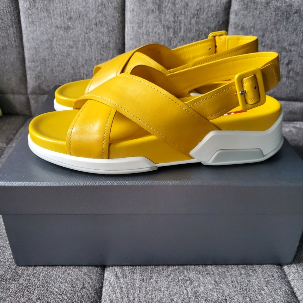 Prada Yellow Leather Slingback Crossover Platform Sandals Size 39 / 9
